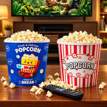 تحميل الصورة في عارض المعرض، Two popcorn buckets on a wooden table in a living room setting, with a TV in the background showing a jungle scene. One bucket is blue with a cartoon character and the text 'Fresh & Delicious POPCORN BREAK', and the other is red and white striped with 'POPCORN' written on it.