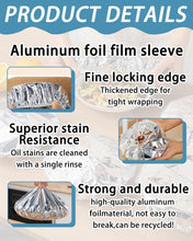 Load image into Gallery viewer, Product details highlighting reusable aluminum foil features: locking edge, stain resistance, and durability.