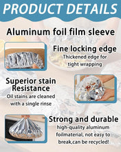 Load image into Gallery viewer, Product details highlighting reusable aluminum foil features: locking edge, stain resistance, and durability.
