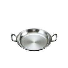 Load image into Gallery viewer, A small stainless steel pan with two side handles on a dark textured background, with a specification chart overlay at the top showing diameter, height, and ear length.