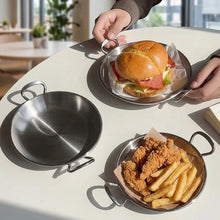 Load image into Gallery viewer, Three small round metal serving baskets with side handles are arranged on a white table. One basket is empty, while the other two hold a hamburger and a plate of fried food on parchment paper.