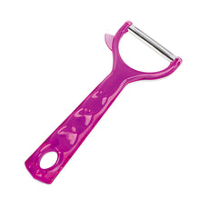 Load image into Gallery viewer, Pink Y-shaped plastic peeler designed for easy peeling of fruits and vegetables with ergonomic handle.