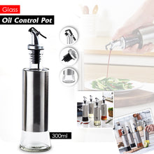 Load image into Gallery viewer, 300ml glass oil control pot with stainless steel dispenser, ideal for vinegar and oil; non-drip design for easy pouring.
