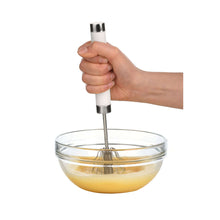 Load image into Gallery viewer, 1 Pc Semi-Automatic Egg & Cappuccino Beater (27x5cm) | Hand-Push Rotary Whisk & Milk Frother in use with egg mixture.