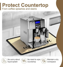 Load image into Gallery viewer, Coffee machine on a protective mat with text about protecting countertops from coffee splashes and stains.