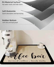 Load image into Gallery viewer, Coffee bar mat with text and an espresso machine on a white background