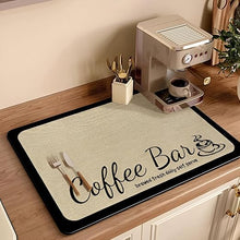 تحميل الصورة في عارض المعرض، Kitchen mat with 'Coffee Bar' text on a wooden counter with coffee machine and utensils.