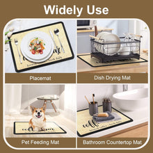 تحميل الصورة في عارض المعرض، Collage of various mats used in different settings including a placemat, dish drying mat, pet feeding mat, and bathroom countertop mat.
