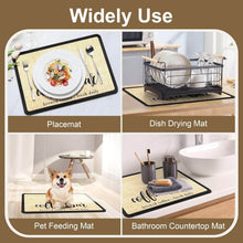 Load image into Gallery viewer, Collage of various mats used in different settings including a placemat, dish drying mat, pet feeding mat, and bathroom countertop mat.