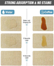 Load image into Gallery viewer, Demonstration of a mat's ability to absorb water and coffee stains over time.
