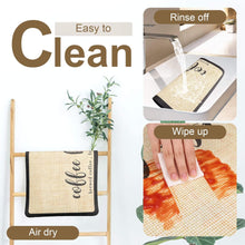 تحميل الصورة في عارض المعرض، Textured mat with 'coffee brewed with love' text, shown being rinsed off and wiped up, with 'Easy to Clean' text above.