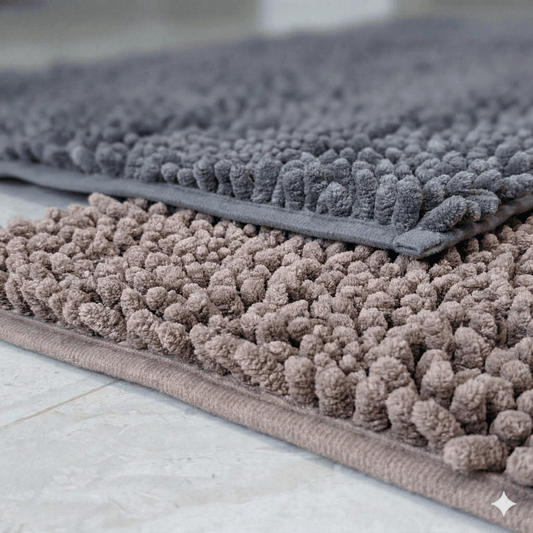 Two textured bath mats, one gray and one brown, on a tiled floor.