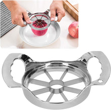 Load image into Gallery viewer, Metallic apple peeler with a close-up of hands using it on a white background
