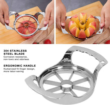 Load image into Gallery viewer, Stainless steel apple slicer being used on apples with product details highlighted.