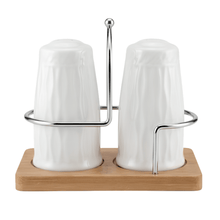 تحميل الصورة في عارض المعرض، 2-Piece Porcelain Spice Shaker Set - Seasoning Jars with Wooden Base & Metal Handle in elegant display.