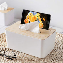 Load image into Gallery viewer, Tissue Box - Plastic with Wooden Cover & Mobile Slot - Paper Napkin Holder Case