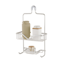 Load image into Gallery viewer, A silver aluminium shower caddy with two baskets and shelves, designed to hold shampoo, conditioner and soap bottles, with dedicated holders for soap, razors, and bath sponges.
