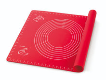 Load image into Gallery viewer, Red silicone baking mat with circular measurements and ruler edges for precise dough preparation and baking.