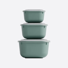 تحميل الصورة في عارض المعرض، Set of three green food storage containers with lids on a white background