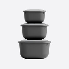 تحميل الصورة في عارض المعرض، Set of three gray food storage containers stacked on a white background