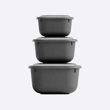 Load image into Gallery viewer, Set of three gray food storage containers stacked on a white background