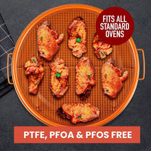 تحميل الصورة في عارض المعرض، Orange wire rack with fried chicken on a dark surface, labeled 'Fits all standard ovens' and 'PTFE, PFOA & PFOS Free'.