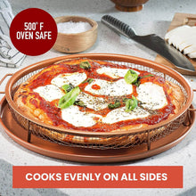 تحميل الصورة في عارض المعرض، Pizza in a copper pizza stone with text indicating oven safety and even cooking.