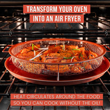 تحميل الصورة في عارض المعرض، Oven with a basket of food inside, promoting an air fryer alternative.