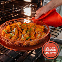 تحميل الصورة في عارض المعرض، Person removing a basket of cooked food from an oven with a red circular label.