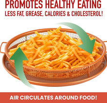 تحميل الصورة في عارض المعرض، Basket of french fries with text promoting healthy eating and air circulation.