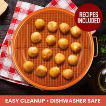 تحميل الصورة في عارض المعرض، Basket of golden brown food items on a checkered cloth with text about recipes and product features.