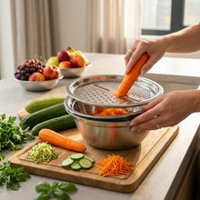 Load image into Gallery viewer, Metal bowl, colander and grater plate beside fruit