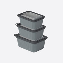 تحميل الصورة في عارض المعرض، Set of three gray food storage containers with black lids on a white background