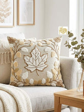 تحميل الصورة في عارض المعرض، Linen handmade runner and cushions set featuring an embroidered leaf design on a decorative cushion.