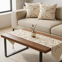 تحميل الصورة في عارض المعرض، 3 Pcs Linen Handmade Runner and Cushions Set with cotton embroidery on a wooden table and sofa in a modern living room.
