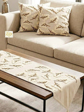 تحميل الصورة في عارض المعرض، Linen handmade runner and cushions set on a modern sofa, featuring elegant cotton embroidery details.