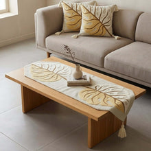 Load image into Gallery viewer, 3 Pcs Linen Handmade Runner and Cushions Set with Cotton embroidery displayed on a wooden table and sofa.