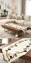 Load image into Gallery viewer, Linen handmade table runner and cushion set featuring elegant embroidery on a stylish living room coffee table.
