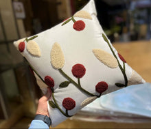 Load image into Gallery viewer, Linen handmade table runner and cushion set featuring embroidered floral design in red and beige on a white background.