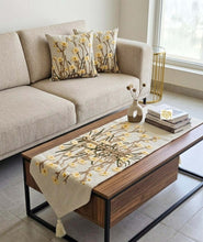 Load image into Gallery viewer, Linen handmade runner and cushions set displayed on a modern coffee table with floral design in a stylish living room.