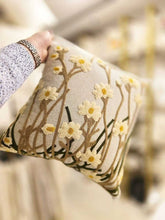 Load image into Gallery viewer, Linen handmade runner and cushions set featuring a floral decorative cushion in light colors with embroidered yellow flowers.