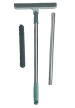 تحميل الصورة في عارض المعرض، A long-handled squeegee cleaning tool laid on a white cloth with a patterned edge, alongside a separate metal rod and a gray scrubber attachment. The handle has a mint green grip.