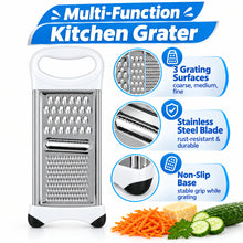 تحميل الصورة في عارض المعرض، A stainless steel kitchen grater with a white plastic handle and base, shown against a plain white background.