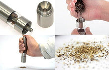 Load image into Gallery viewer, Collage of stainless steel pepper and spice grinder showcasing grinding mechanism and adjustable coarseness.