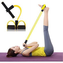 Load image into Gallery viewer, Woman exercising with a yellow body trimmer resistance band on a yoga mat, emphasizing fitness and weight loss.