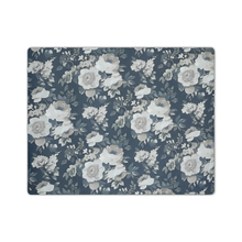 Load image into Gallery viewer, Floral patterned mat with white flowers on a blue background