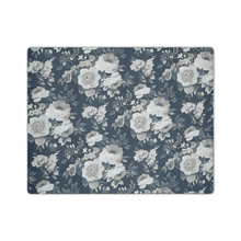 Load image into Gallery viewer, Floral patterned mat with white flowers on a blue background