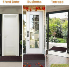 Load image into Gallery viewer, Three images of a durable outdoor doormat at a front door, business entrance, and terrace, showcasing its versatile use.