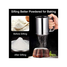Load image into Gallery viewer, Manual stainless steel sieve showing before and after sifting flour for baking, demonstrating effective sifting process.