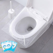 تحميل الصورة في عارض المعرض، White toilet with a clear plastic cover on a tiled floor, with cleaning products in the foreground.
